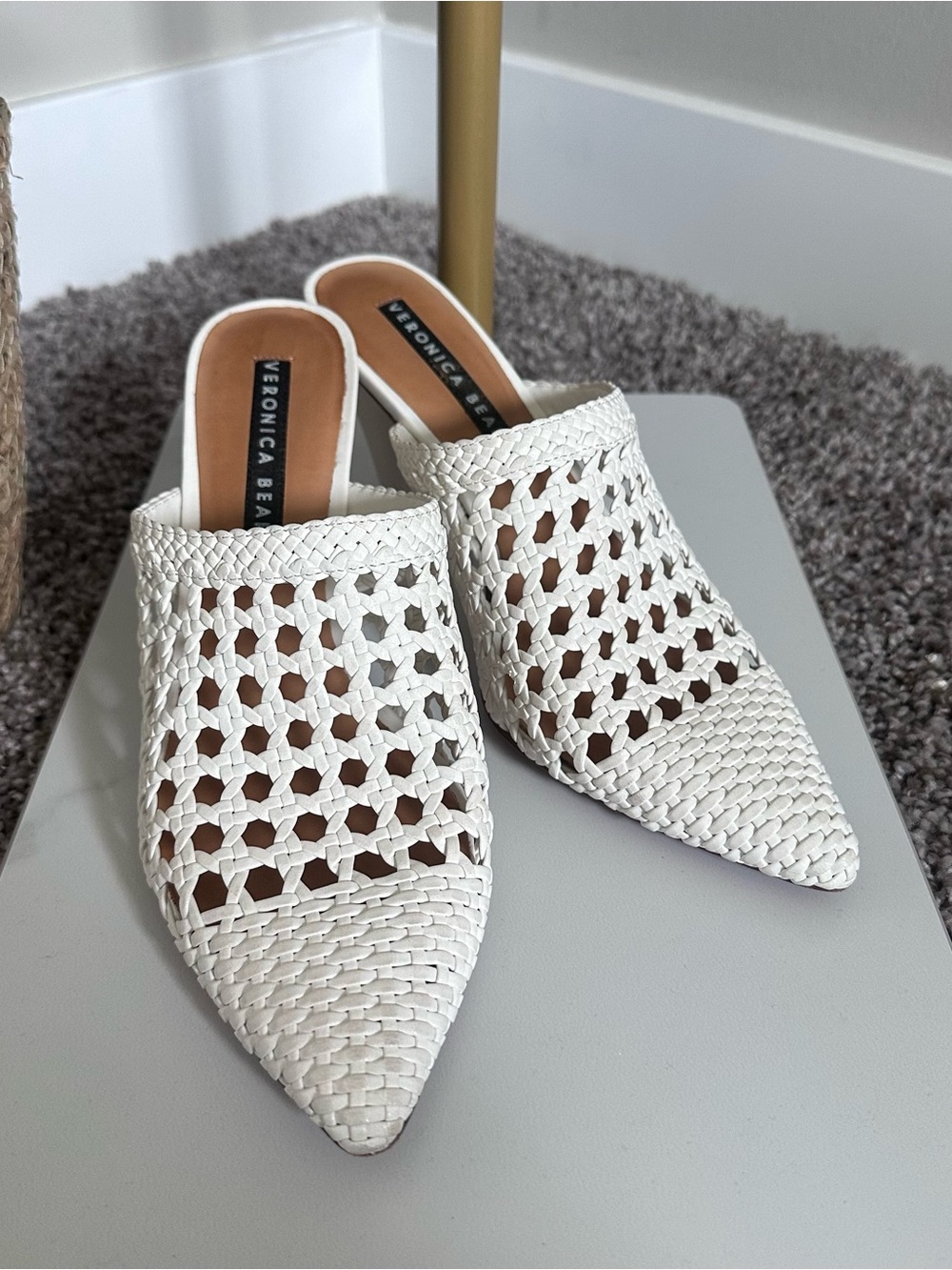 Veronica Beard White Woven Pointed-Toe Mule